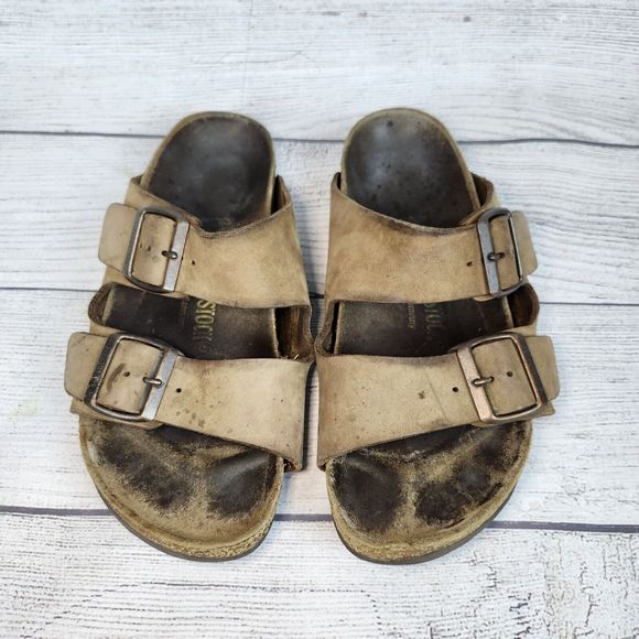 Birkenstock Arizona Oiled Leather Sandals Tobacco Brown US 6 EU 37 Distressed - Picture 3 of 13